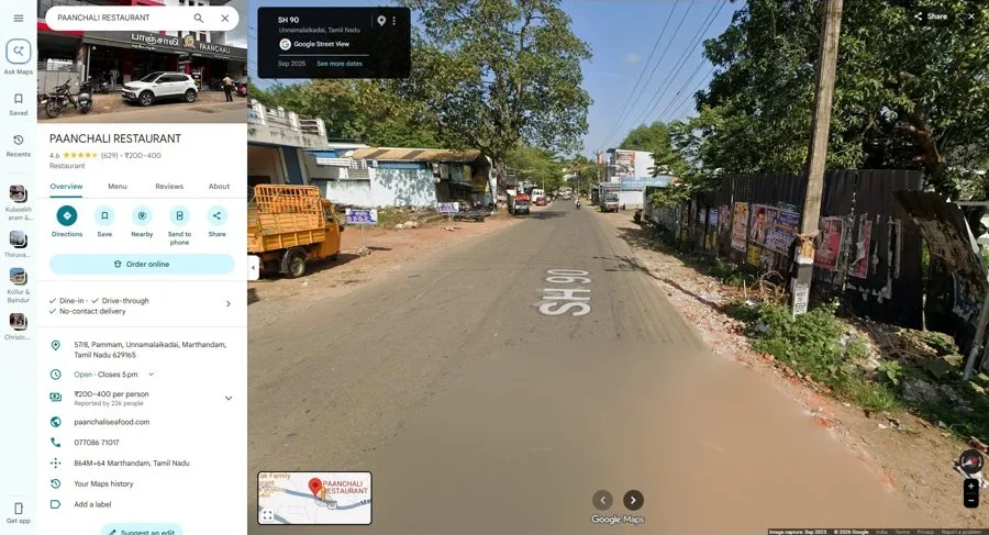 Paanchali Restaurant on SH-90, Unnamalaikadai, Marthandam — the exact location studied for road topology and traffic flow analysis